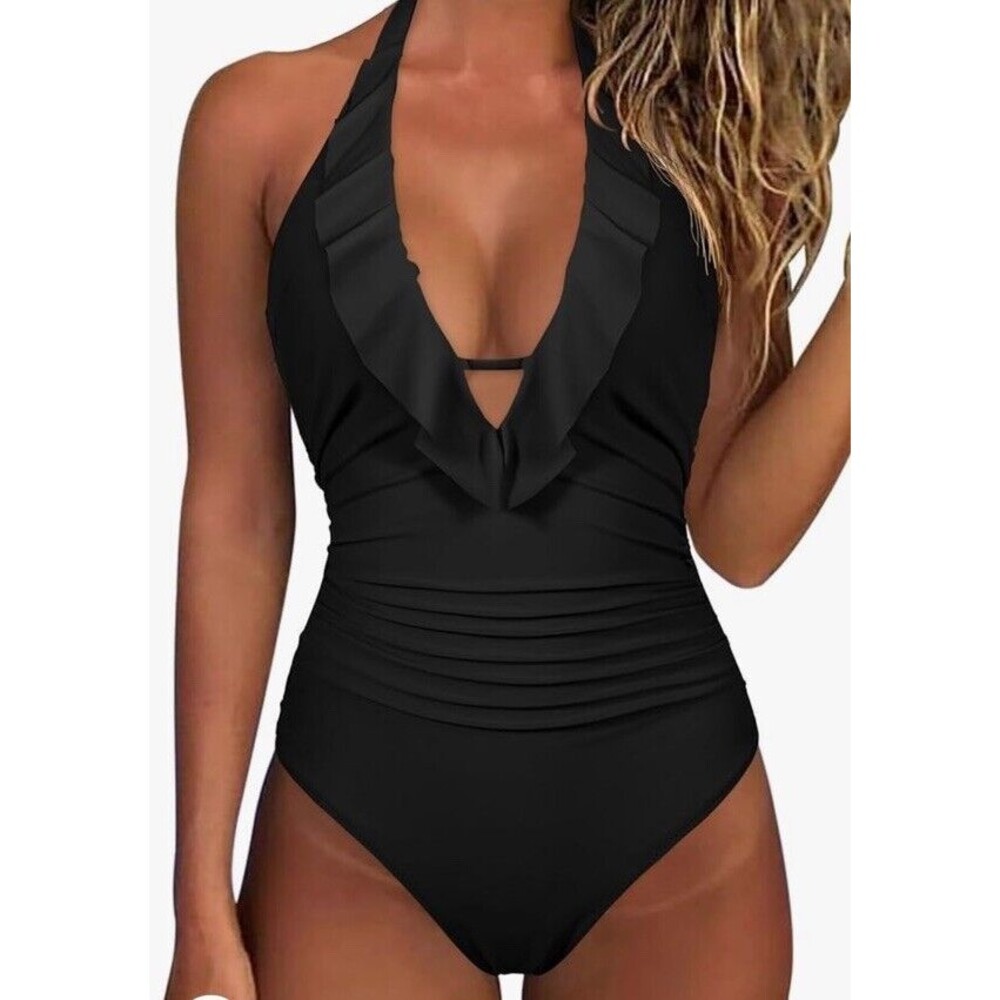 SUUKSESS Women Sexy Halter 1 Piece Swimsuits Ruffle V‎ Neck Tummy Control Large
